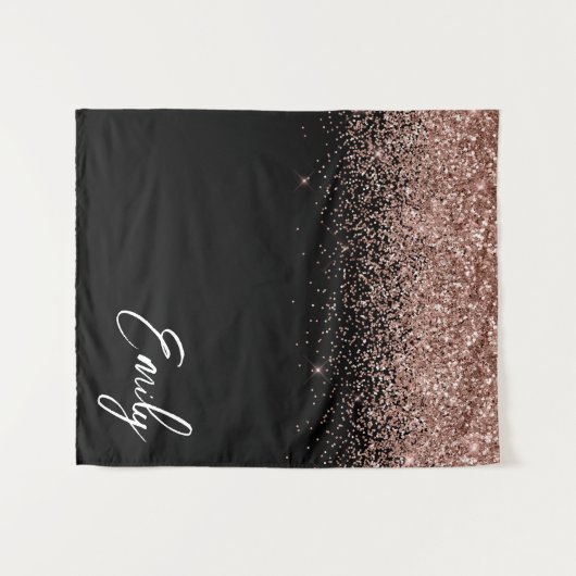 Zwart Roos Gold Blush Roze Glitter Monogram Wandkleed (Voorkant (horizontaal))