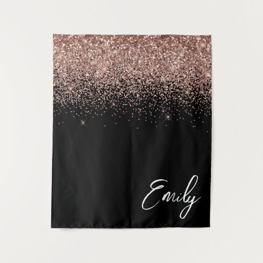 Zwart Roos Gold Blush Roze Glitter Monogram Wandkleed (Voorkant)
