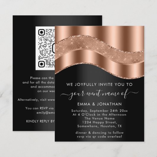 Zwart Roos Gold Border Glitter Wave QR Code (Voorkant / Achterkant)