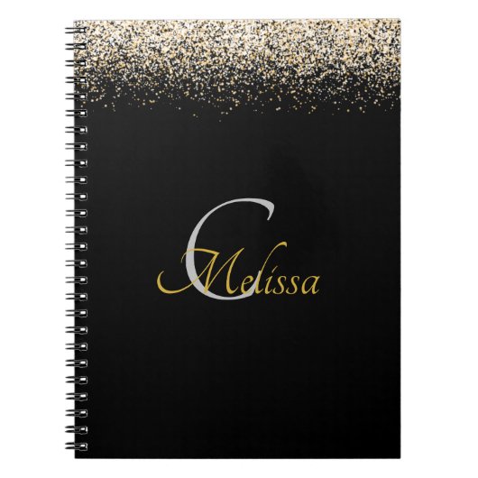 Zwart Roos Gold Faux Glitter Monogram Naam Notitieboek (Voorkant)