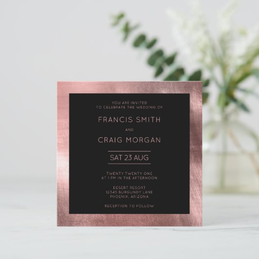 Zwart Roos Gold Foil Modern Wedding Kaart (Staand voorkant)