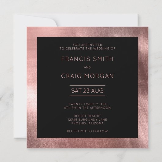 Zwart Roos Gold Foil Modern Wedding Kaart (Voorkant)