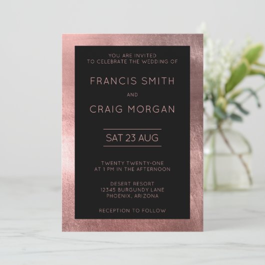 Zwart Roos Gold Foil Modern Wedding Kaart (Staand voorkant)