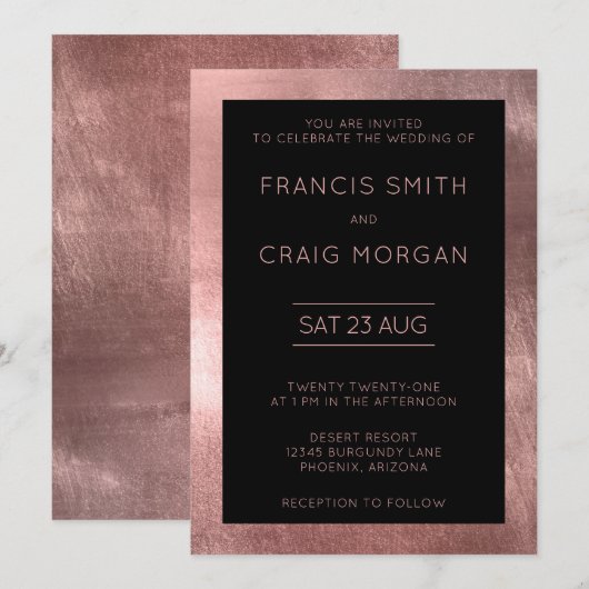 Zwart Roos Gold Foil Modern Wedding Kaart (Voorkant / Achterkant)