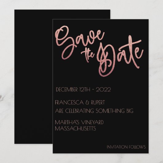 Zwart Roos Gold Glitter Art Deco Wedding Save The Date (Voorkant / Achterkant)