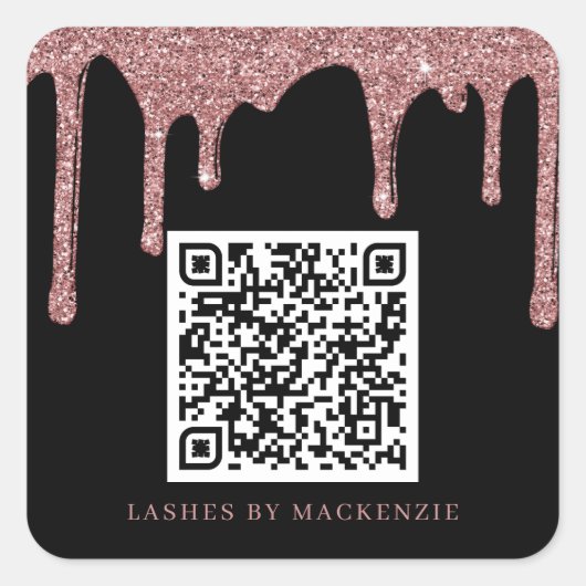 Zwart Roos Gold Glitter Drift QR Code Business Vierkante Sticker (Voorkant)