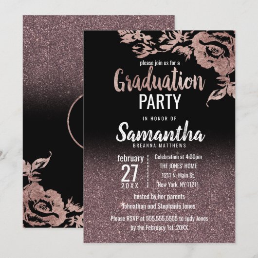 Zwart Roos Gold Glitter Floral Afstuderen Kaart (Voorkant / Achterkant)