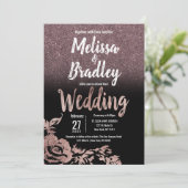 Zwart Roos Gold Glitter Floral gradiënt bruiloft Kaart (Staand voorkant)