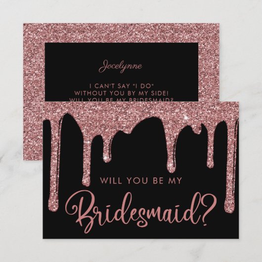 Zwart Roos Gold Glitter-schijven Bridesmaid Kaart (Voorkant / Achterkant)