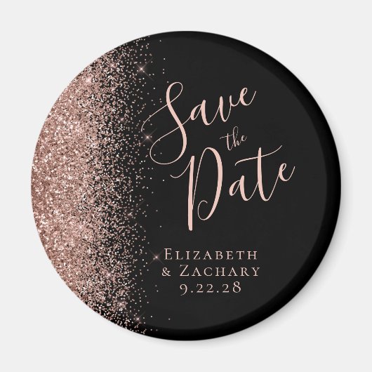 Zwart Roos Gold Glitter Script Sla de datum op Magneet (Voorkant)