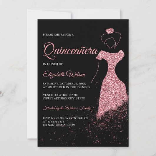Zwart Roos Gold Glitter Sparkle Dress Quinceanera Kaart (Voorkant)