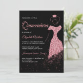Zwart Roos Gold Glitter Sparkle Dress Quinceanera Kaart (Staand voorkant)
