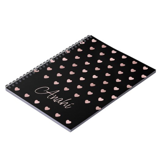 Zwart Roos Gold Polka Dot Hearts Gepersonaliseerd Notitieboek (Linkerzijde)