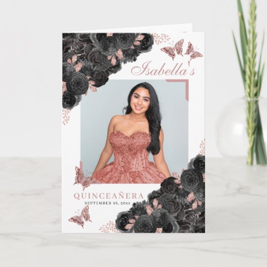 Zwart-Roos Gold Quinceanera Tiara Butterflies Programma (Voorkant)