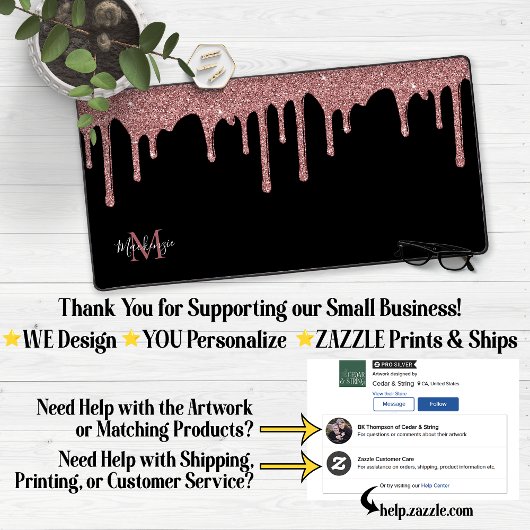 Zwart Roos Gold Sparkle Glitter Drift Monogram Bureaumat