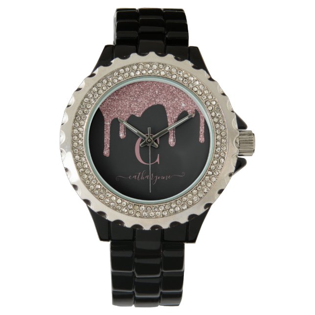 Zwart Roos Gold Sparkle Glitter Drift Monogram Horloge (Voorkant)