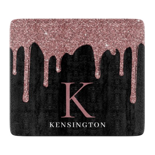 Zwart Roos Gold Sparkle Glitter Drift Monogram Snijplank (Voorkant)