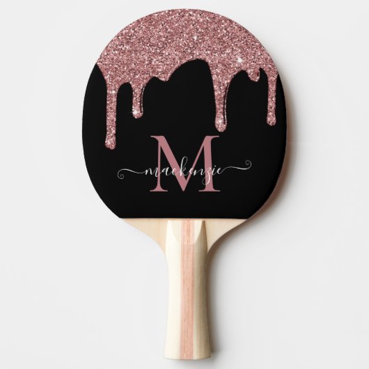 Zwart Roos Gold Sparkle Glitter Drift Monogram Tafeltennisbatje (Voorkant)
