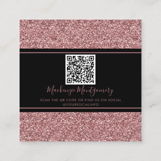 Zwart Roos Gold Sparkle Glitter Drift QR-code Vierkante Visitekaartje (Achterkant)
