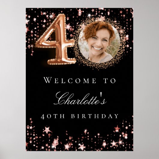 Zwart roos goud 40e foto verjaardagsfeestje welkom poster (Voorkant)