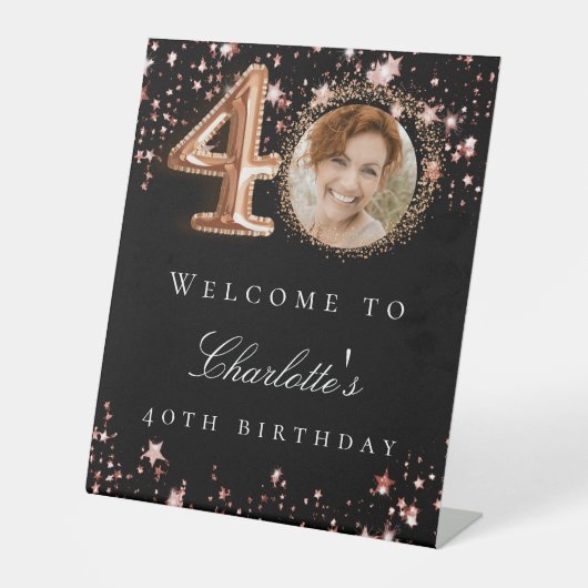 Zwart roos goud 40e foto verjaardagsfeestje welkom reclamebord met voetstuk (Voorkant)