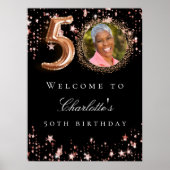 Zwart roos goud 50e foto verjaardagsfeestje welkom poster (Voorkant)