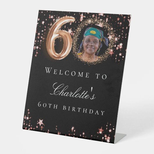 Zwart roos goud 60e foto verjaardagsfeestje welkom reclamebord met voetstuk (Voorkant)