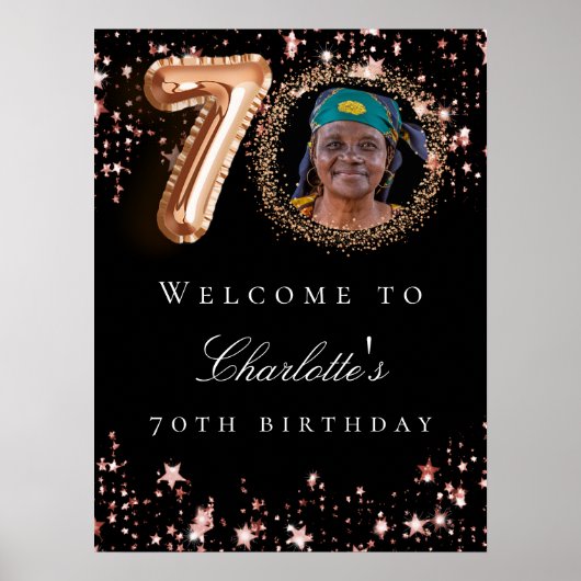 Zwart roos goud 70e foto verjaardagsfeestje welkom poster (Voorkant)