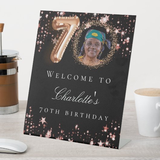 Zwart roos goud 70e foto verjaardagsfeestje welkom reclamebord met voetstuk (Insitu)