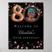 Zwart roos goud 80e foto verjaardagsfeestje welkom poster (Voorkant)