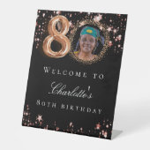 Zwart roos goud 80e foto verjaardagsfeestje welkom reclamebord met voetstuk (Voorkant)