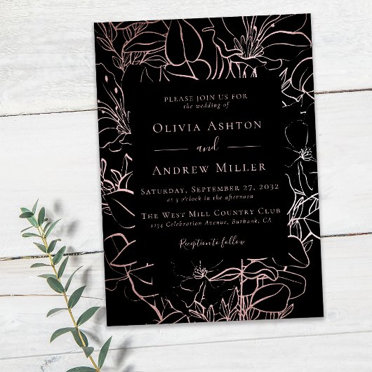 Zwart Roos Goud Bloemen Bruiloft Kaart