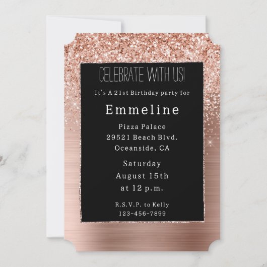 Zwart Roos Goud Blush Glitter Kaart (Voorkant)