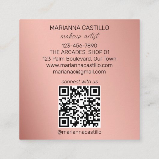 Zwart roos goud chique bloemetjes sjabloon qr vierkante visitekaartje (Achterkant)