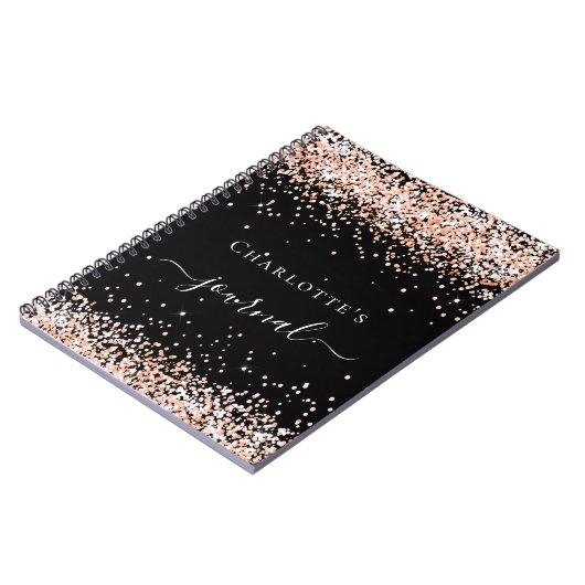 Zwart roos goud confetti naam script tijdschrift notitieboek (Linkerzijde)