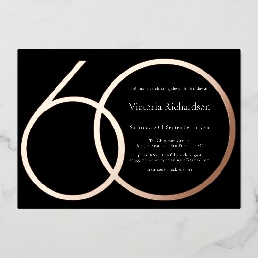 Zwart Roos Goud Custom Minimalist 60e Verjaardag Folie Uitnodiging (Voorkant)
