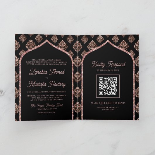Zwart Roos Goud Damast Arch QR Code Moslim Bruilof (Binnen)