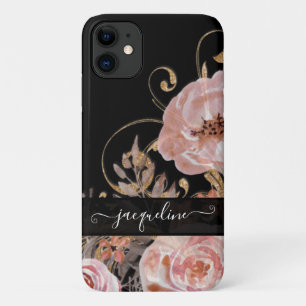 Zwart Roos Goud Elegante Waterverf Bloemen Case-Mate iPhone Case