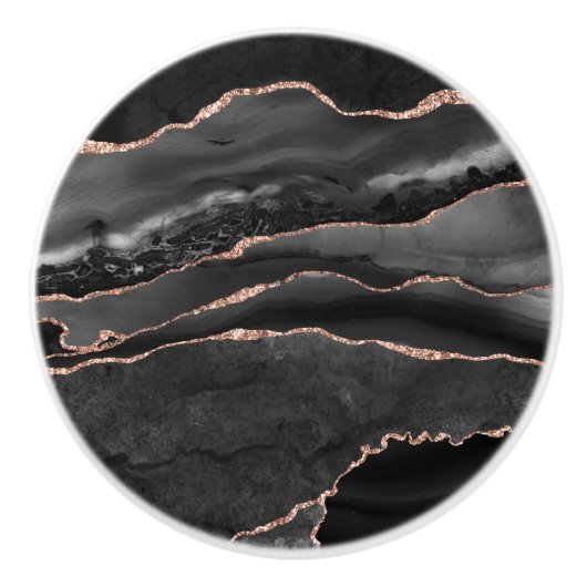 Zwart Roos Goud Faux Glitter Agate Geode Grijs Keramische Knop (Voorkant)