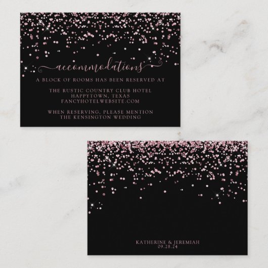Zwart Roos Goud Glitter Bruiloft Accommodaties Informatiekaartje (Voorkant / Achterkant)