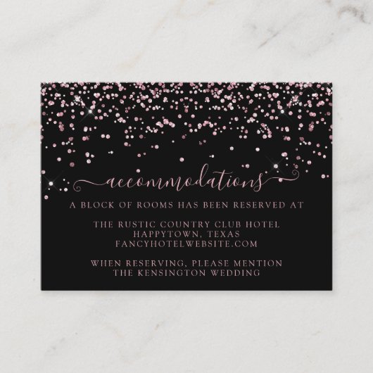 Zwart Roos Goud Glitter Bruiloft Accommodaties Informatiekaartje (Voorkant)