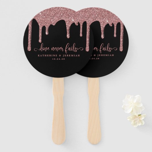 Zwart Roos Goud Glitter Drips Bruiloft Handwaaier (Voorkant en achterkant)
