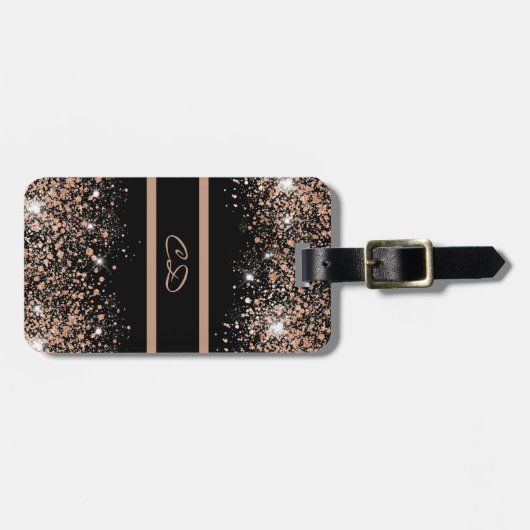 Zwart roos goud glitter monogram initiaal bagagelabel (Voorkant horizontaal)