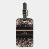 Zwart roos goud glitter monogram initiaal bagagelabel (Voorkant verticaal)
