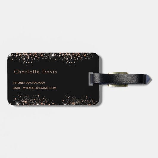 Zwart roos goud glitter monogram initiaal bagagelabel (Achterkant horizontaal)