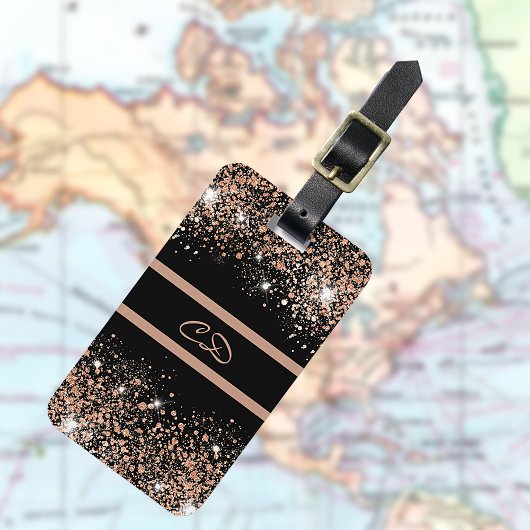 Zwart roos goud glitter monogram initiaal bagagelabel