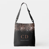Zwart roos goud glitter monogram initiaal naam crossbody tas (Achterkant)