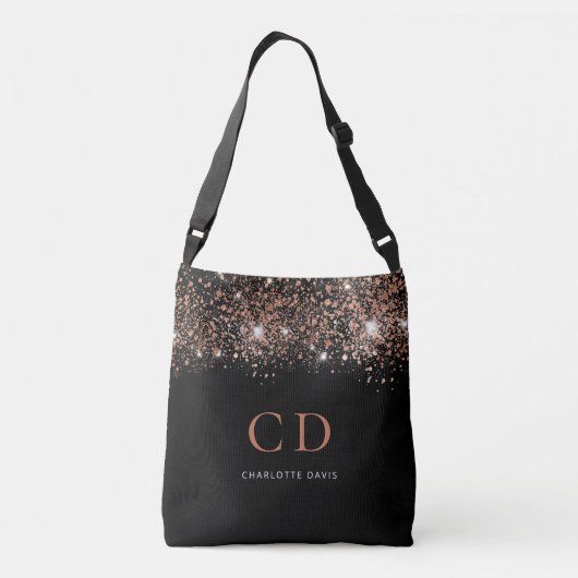 Zwart roos goud glitter monogram initiaal naam crossbody tas (Achterkant)