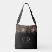 Zwart roos goud glitter monogram initiaal naam crossbody tas (Voorkant)