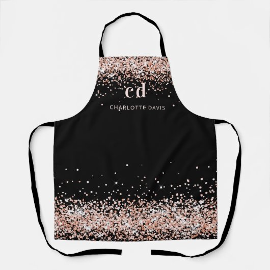 Zwart roos goud glitter monogram initiaal schort (Voorkant)